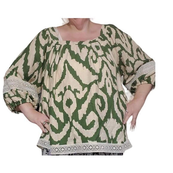 Rachel Zoe Size 2X/3X Linen Blend 3/4 Sleeve Boho Green Cream Lace Detail Top - Picture 1 of 10